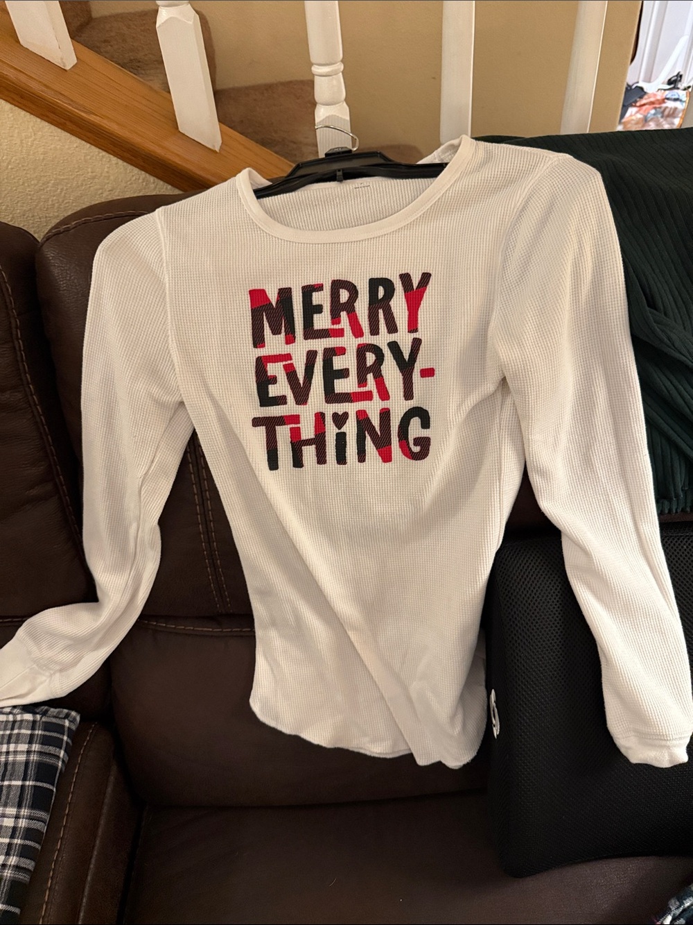 Old Navy White Graphic Thermal Long Sleeve Top with Red and Black Print